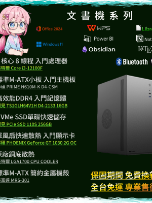 【文書機系列】i3-12100F/16GD4/256G/GT1030 | PC-26072502-M3